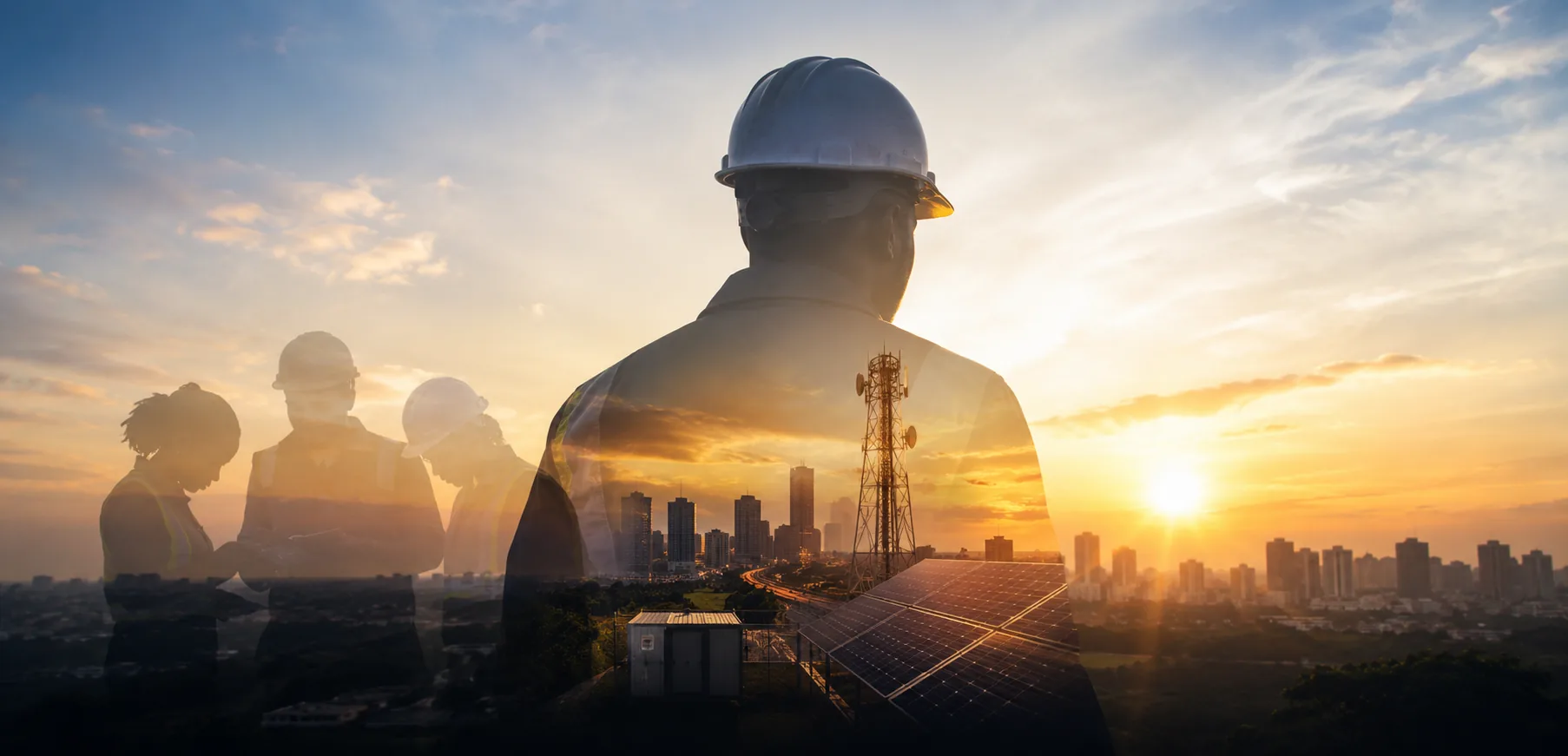 Dynamo engineer overlooking telecom, solar and urban infrastructure at sunset
